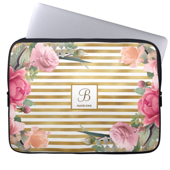Gulfenad Rand Gorgous Flower Monogram Girl Laptop Fodral (Framsidan)