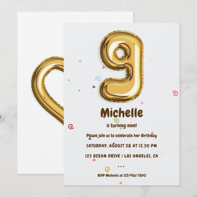 Gulfenlegering och konfetti 9:e Födelsedagsfesten Inbjudningar (Fram/baksida)