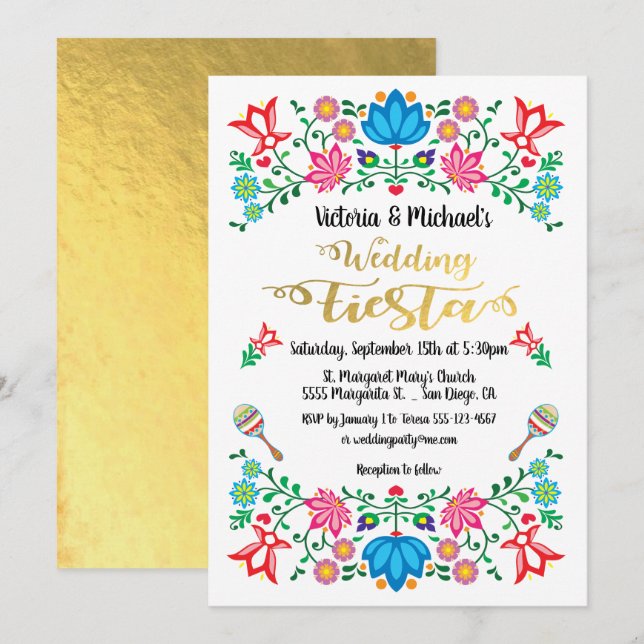 Gulfenolja Blommigt Mexikanska Bröllop Fiesta Inbjudningar (Fram/baksida)
