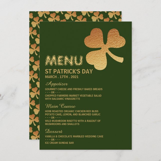 Gulfenshamrock, St patrick's day Menu-kort Inbjudningar (Fram/baksida)