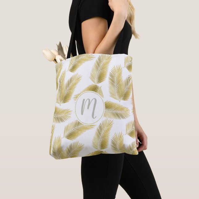 Gulffabel Handflatan Löv Mönster och Monogram Tygkasse (Närbild)
