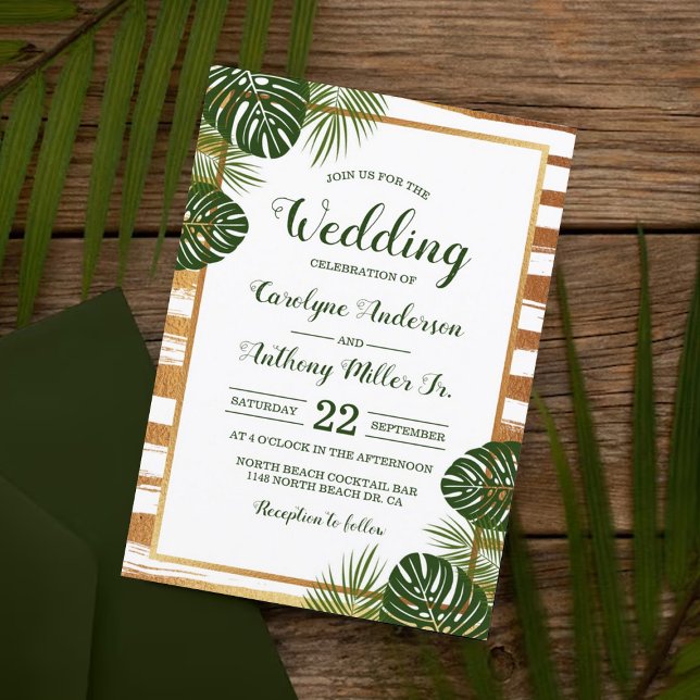 Gulffyr och Grönt Handflatan Löv Beach Wedding Inbjudningar (Skapare uppladdad)