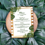 Gulffyr och Grönt Handflatan Löv Beach Wedding Meny<br><div class="desc">Fira i stil med dessa snyggtar och mycket trendig menykort i bröllop. Utformningen har en vit och guld-chic med strimlad bakgrund med tropiska löv i handflatan och matchande ordalydelse i en djup skugga av grönt... bedövning och helt enkelt perfekt för alla par som planerar en destination eller strandtemat i bröllop...</div>