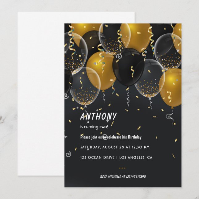 Gulflegeringar och konfetti-Födelsedagsfest Invi Inbjudningar (Fram/baksida)