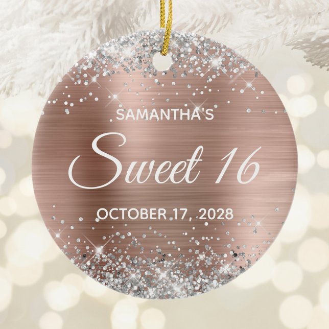 Gulfoljefartyget silver Glitter 16 födelsedag Julgransprydnad Keramik (Silver Glitter Rose Gold Foil Sweet 16 Birthday Ceramic Ornament)