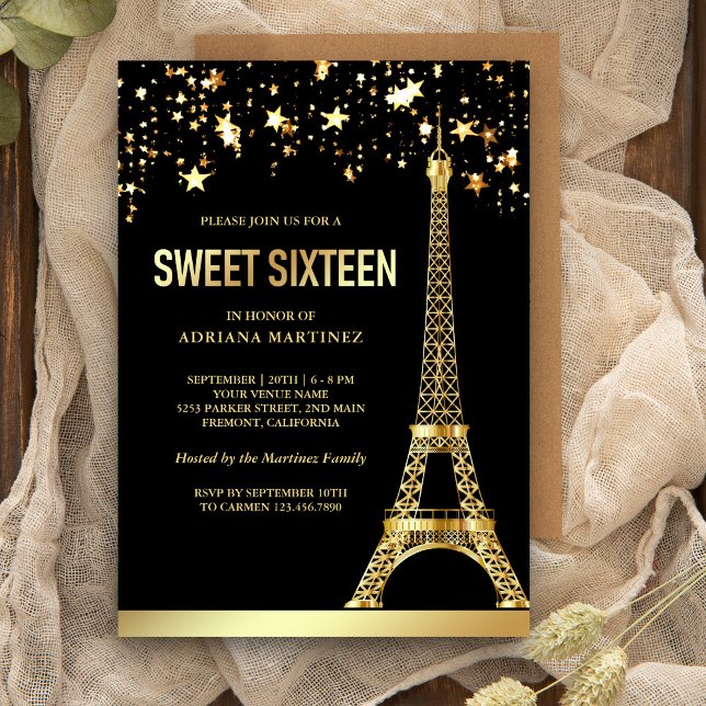 Gulfoljestars Eiffel Torn Black Sweet sixteen Inbjudningar (Skapare uppladdad)