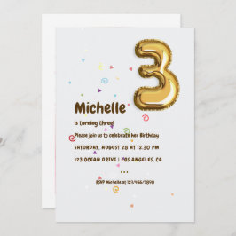 Gulfplaton och konfetti Foto på 3:e födelsedagen Inbjudningar