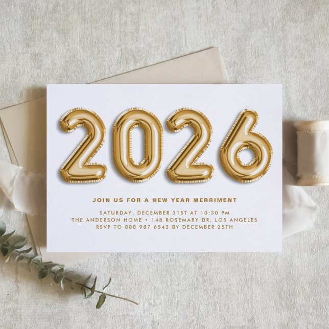 Gulfplattor 2024 Nyårsafton Party Inbjudningar (Customizable 2026 New Year party invitation featuring gold foil mylar balloons.)