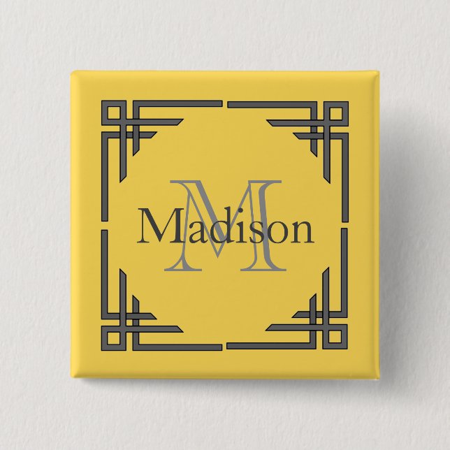 Gulgrå geometrisk rand monogramnamn knapp (Framsida)