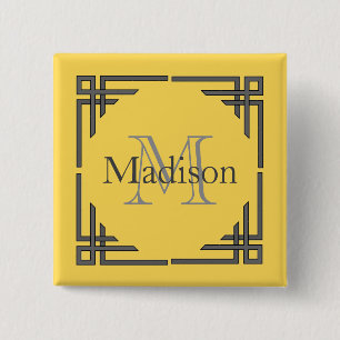 Gulgrå geometrisk rand monogramnamn knapp