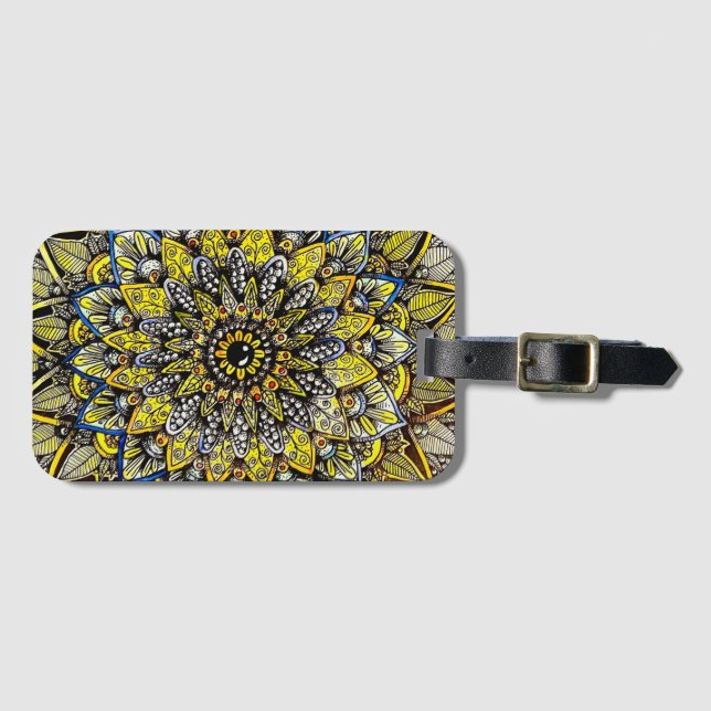 Gulgrön handritad mandala-design bagagebricka (Framsida horisontal)