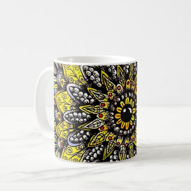 Gulgrön handritad mandaladesign kaffemugg (Framsida vänster)