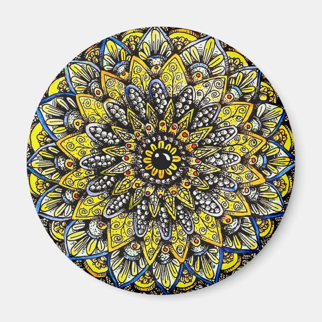 Gulgrön handritad mandaladesign magnet (Framsidan)