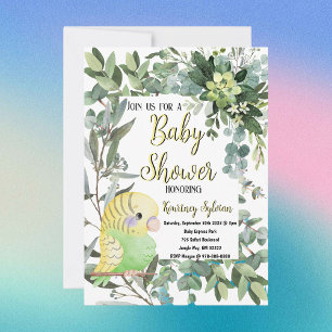 Gulgrön parakitfågel akvarell baby shower inbjudningar