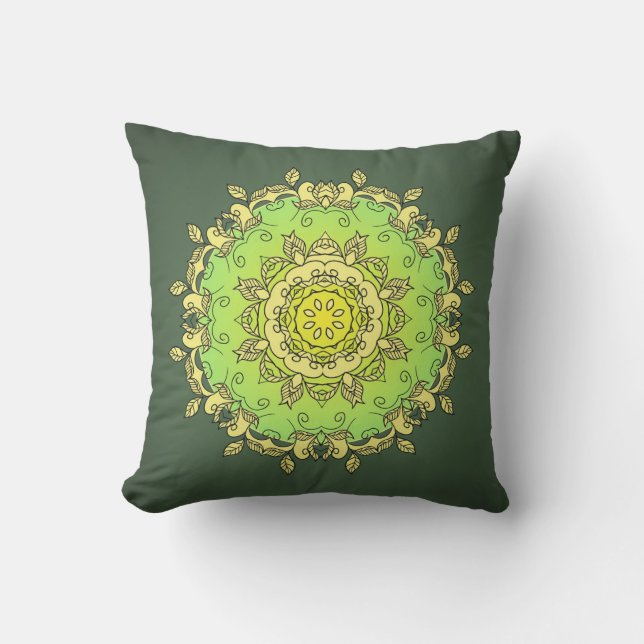 Gulgrön psykedelisk mandala kudde (Framsida)