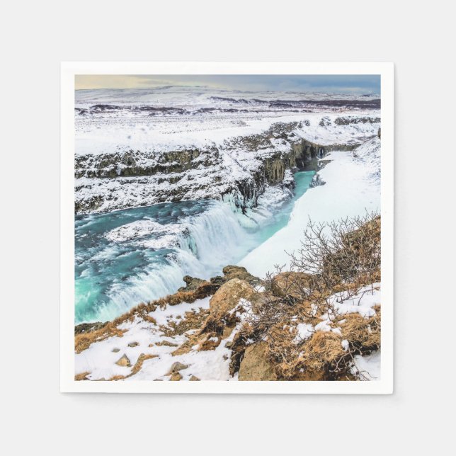 Gullfoss Island vattenfall vinter landskap snöigt Pappersservett (Framsidan)
