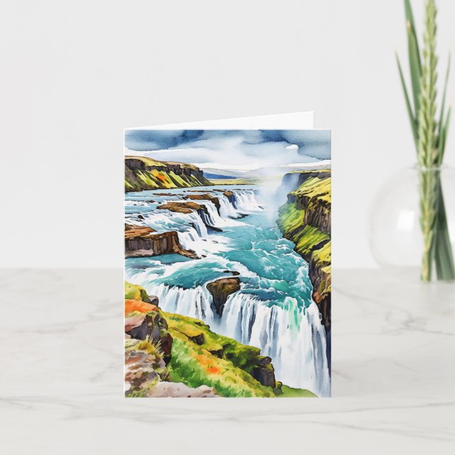 Gullfoss-Islandet Vattenfärg Kort (Framsida)
