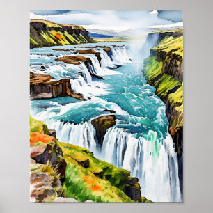 Gullfoss-Islandet Vattenfärg Poster