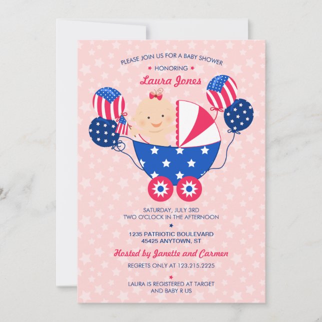 Gullig 4th av Juli den patriotiska flickababy Inbjudningar (Framsida)