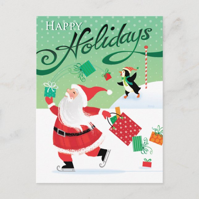 Gullig åka skridskor Santa glad helgvykort Helg Vykort (Framsida)