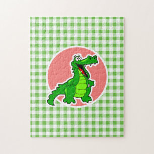 Gullig alligator; Grön Gingham Pussel