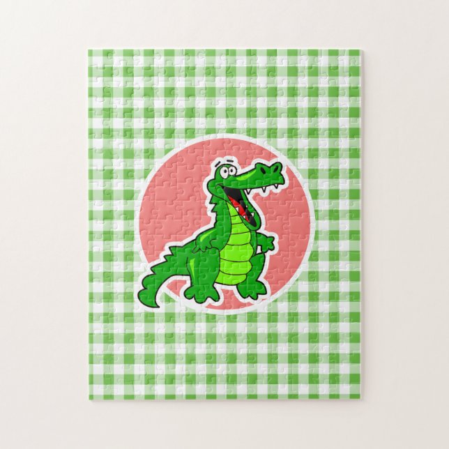 Gullig alligator; Grön Gingham Pussel (Vertikal)