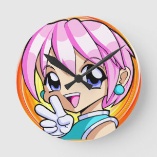 Gullig Animeflicka Rund Klocka