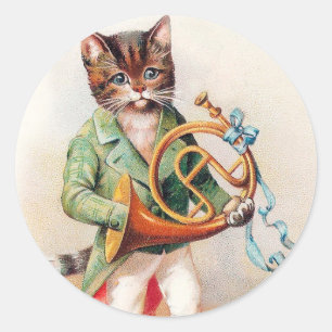 Gullig Anthropomorphic katt med valthornet Runt Klistermärke