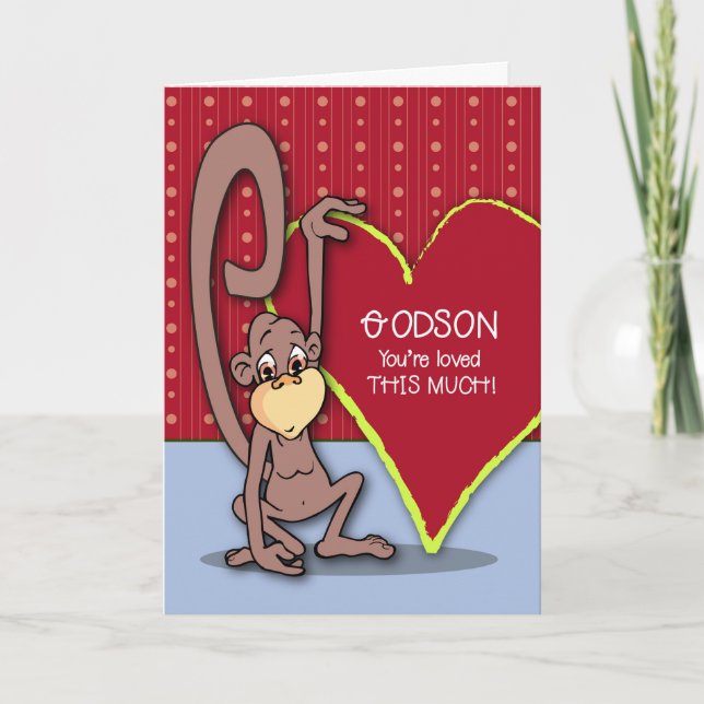 Gullig apa för Godson på valentin dag Helgkort (Framsida)
