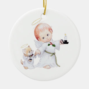 Gullig babyängel och katt julgransprydnad keramik
