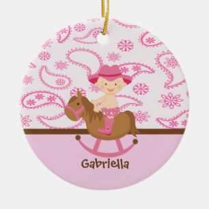 Gullig babyCowgirl i Pinkon en hästprydnad Julgransprydnad Keramik