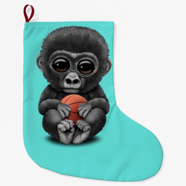 Gullig babygorilla som leker med basket stor julstrumpa (Framsidan)