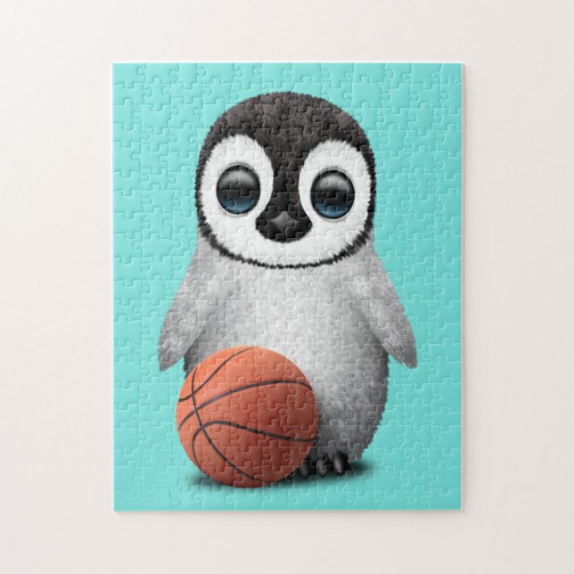 Gullig babypingvin som leker med basket pussel (Vertikal)