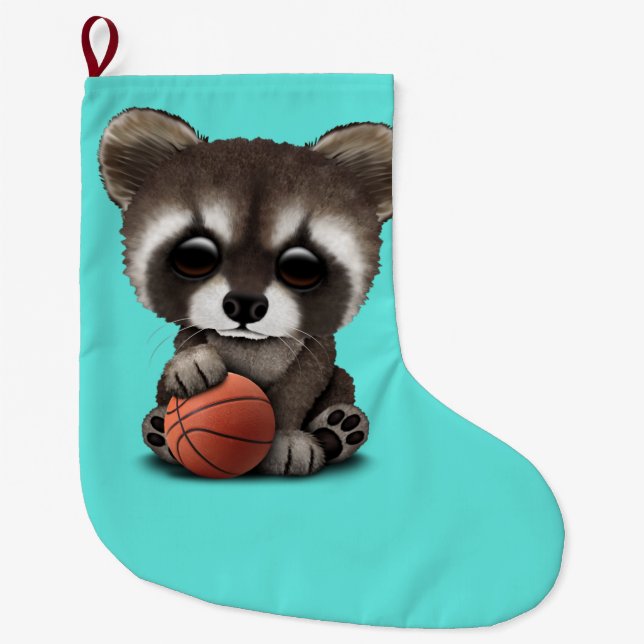 Gullig babyRaccoon som leker med basket Stor Julstrumpa (Framsidan)