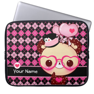 Gullig björn med exponeringsglas på svart och ro laptop sleeve