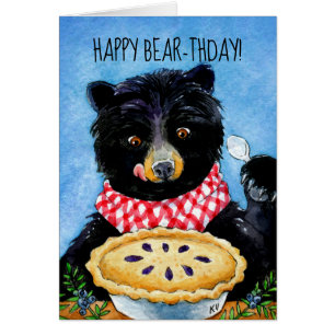 Gullig björn med pajen, djurliv, stuga, födelsedag hälsningskort