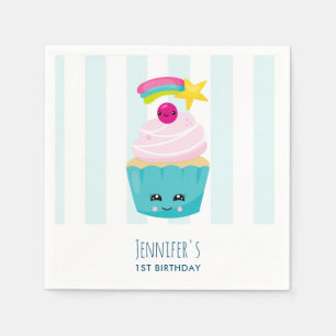 Gullig blåttmuffin med Kawaii ansiktefödelsedag Pappersservett