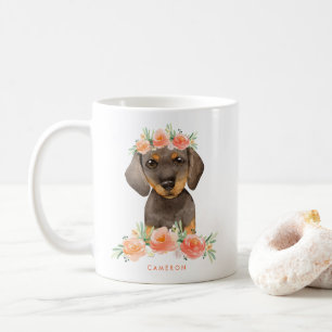 Gullig blommigt för vattenfärgtaxpersika kaffemugg