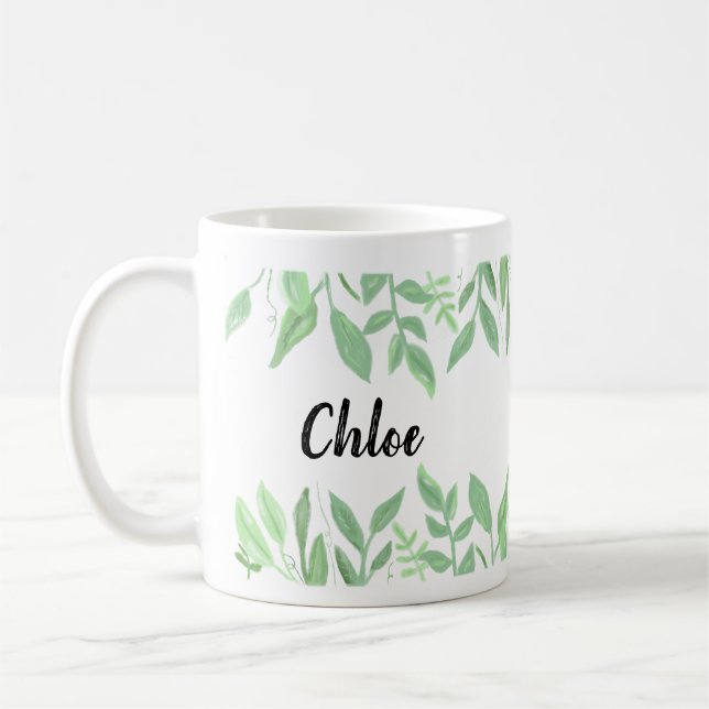 Gullig botanisk vattenfärgnamnmugg kaffemugg (Vänster)
