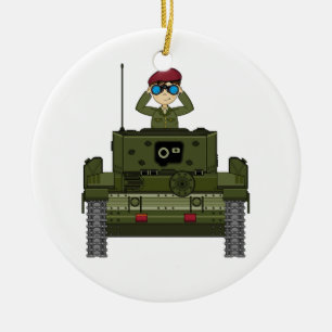 Gullig brittisk armésoldat i tankprydnad julgransprydnad keramik
