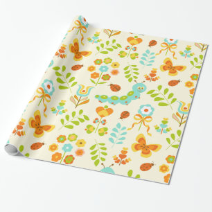 Gullig caterpillar och blommor presentpapper