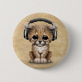 Gullig Cheetahunge Dj som ha på sig hörlurar Knapp