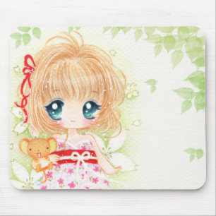 Gullig chibiflicka med kawaiiplushie musmatta