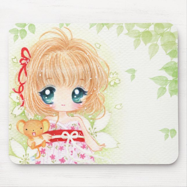 Gullig chibiflicka med kawaiiplushie musmatta (Framsidan)