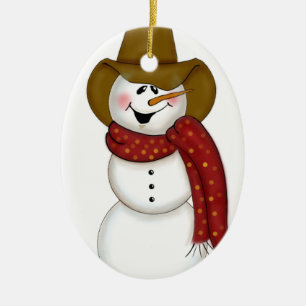 Gullig Cowboysnögubbe för Folk konst Julgransprydnad Keramik