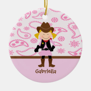 Gullig Cowgirl i rosaprydnad Julgransprydnad Keramik