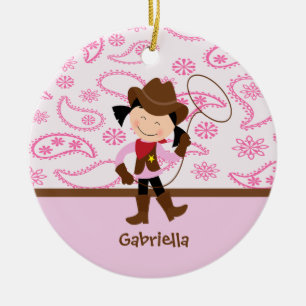 Gullig Cowgirl i rosaprydnad Julgransprydnad Keramik