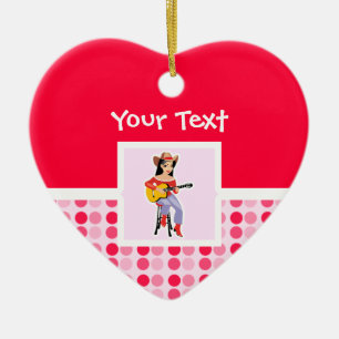 Gullig Cowgirl med gitarren Julgransprydnad Keramik