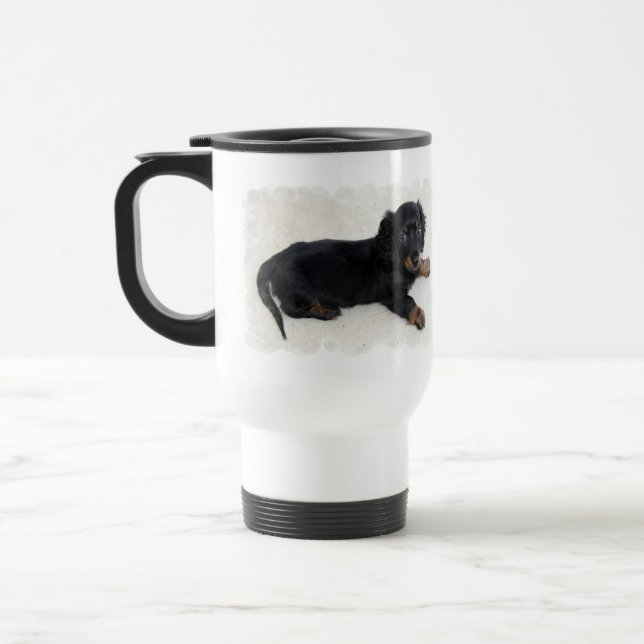 Gullig Daschund plast- travel mug Resemugg (Vänster)