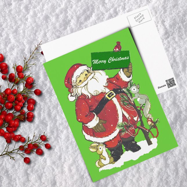 Gullig djurgod jul för jultomten helg vykort (Cute Santa claus animals decorated tree snow on green Merry Christmas postcard.)
